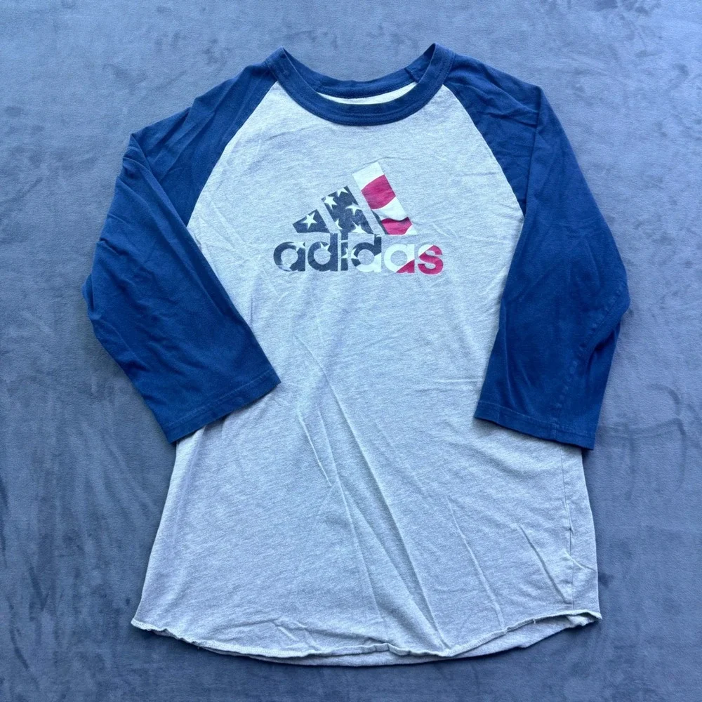 Adidas Mens Small Gray Blue American Flag Logo 3/4 Sleeve Raglan Baseball Tee